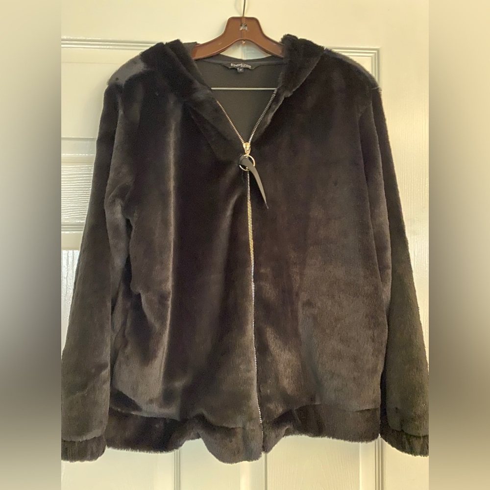 FURRY black faux fur JACKET with hood By bebe. Size Medium
